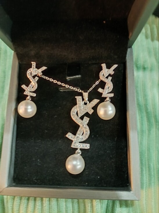 Yves Saint Laurent Jewelry - Yves Saint Laurent Silver Crystal YSL Logo Necklace with White Pearl Drops